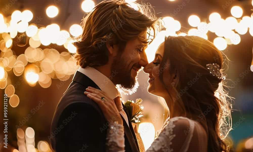 A couple slow dancing under the soft glow of string lights, lost in each other's arms and the music playing in the background. Video A couple slow dancing under the soft glow of string lights, lost in each other's arms and the music playing in the background. Video