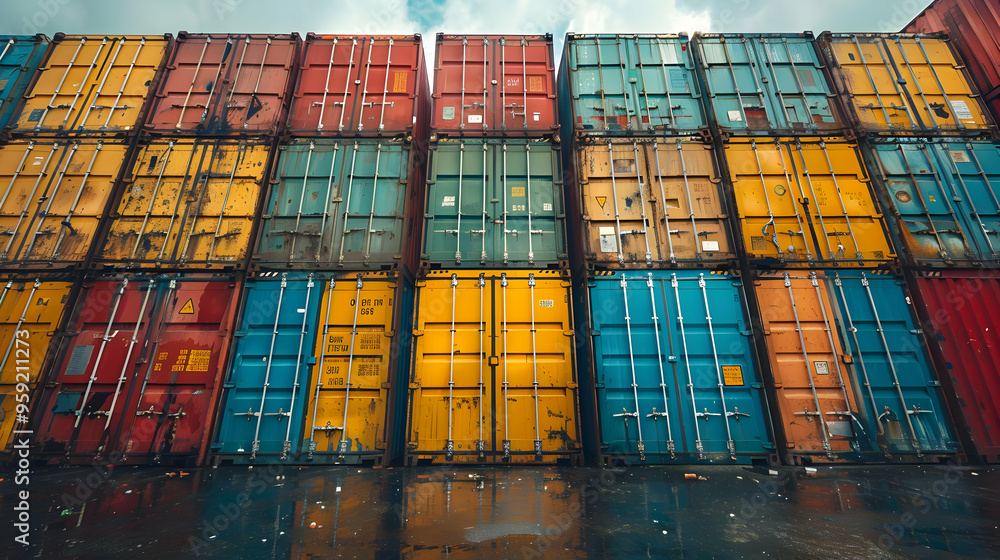 Fototapeta premium Cargo Containers Reflected in Puddle - Industrial Photo