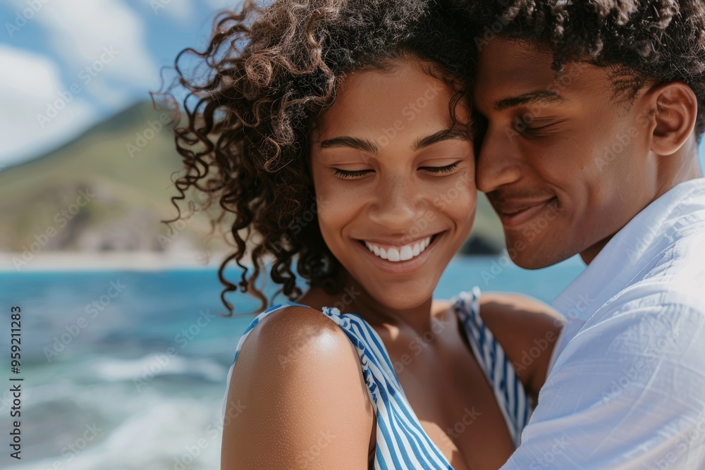 Couple enjoying a beach vacation, sharing hugs and romance while traveling, bonding through adventure and affection in a loving relationship Couple enjoying a beach vacation, sharing hugs and romance while traveling, bonding through adventure and affection in a loving relationship