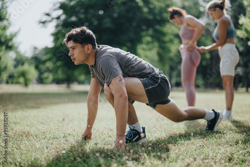 Athletic man and women performing calisthenics at park during a group workout session. Outdoor fitness and exercise for health and wellness.