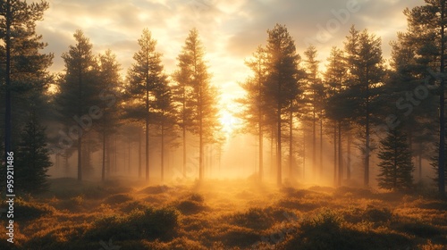 Minimalist forest scene tall pine trees and a morning fog