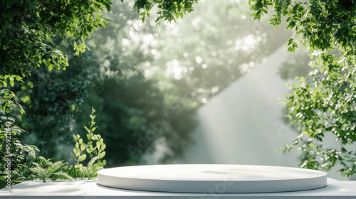 A stylish white podium placed in a sleek 3D abstract minimal environment, with a lush green forest providing a serene, natural atmosphere.