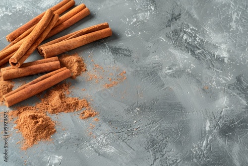 Cinnamon sticks lay on a textured gray surface. Sweet and spicy aroma fills the air. Perfect for cooking and baking. Ideal for food photography. Generative AI photo