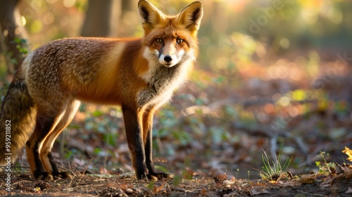 a fox standing in a sunlit clearing in a forest, with the golden hour light casting a warm glow on its fur and the surrounding foliage, creating a serene and natural scene, with copy space for text