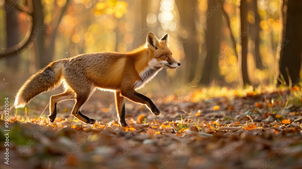 Fototapeta premium a fox running through a sunlit forest, with the golden hour light casting a warm glow on its fur and the surrounding trees, creating a dynamic and natural scene, with copy space for text