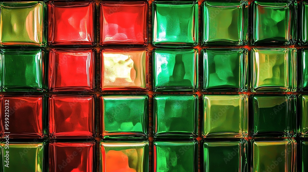 Abstract glass cube mosaic in green and red, ideal for a luxurious nightclub-themed setting.