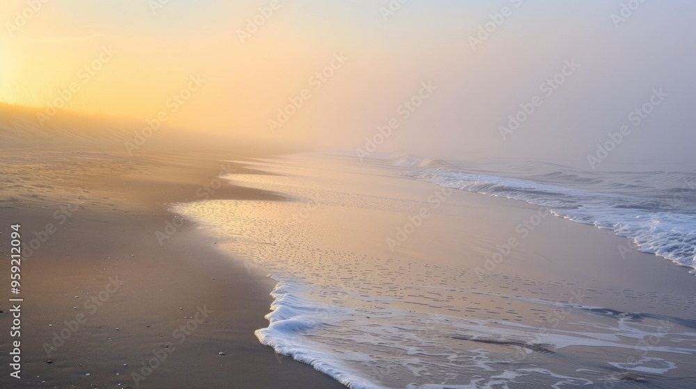 golden hour on a foggy beach, with soft waves lapping at the shore and the sun casting a warm glow through the mist, creating a peaceful and serene coastal scene, with copy space for text golden hour on a foggy beach, with soft waves lapping at the shore and the sun casting a warm glow through the mist, creating a peaceful and serene coastal scene, with copy space for text