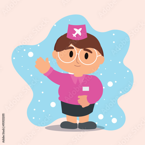 Cartoon flight attendant smiling and waving in uniform, Vector