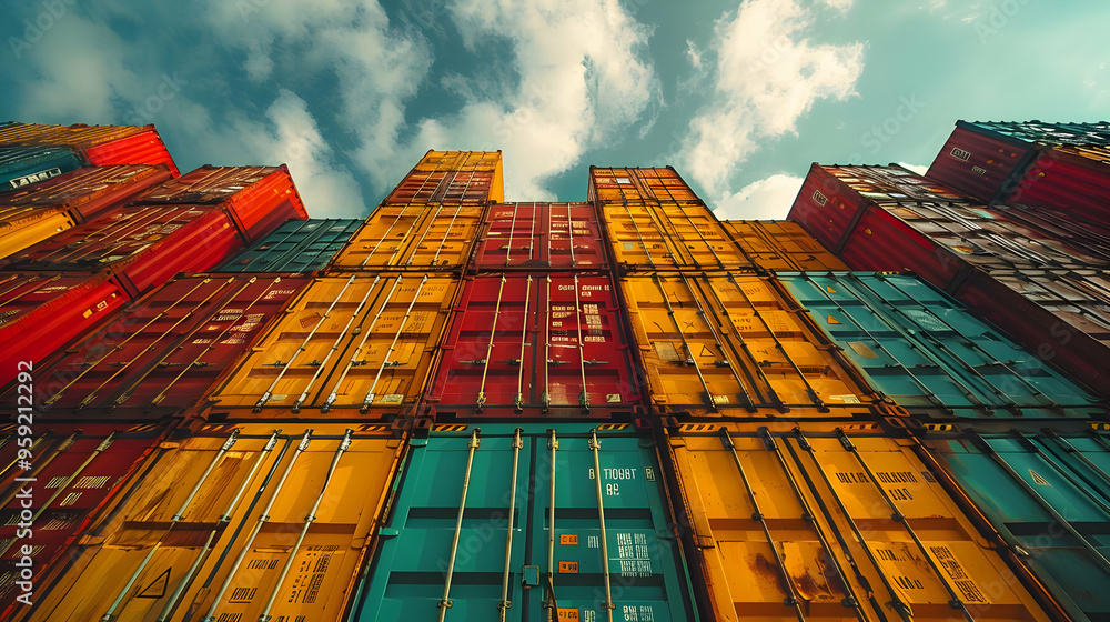 Fototapeta premium Stack of Colorful Shipping Containers Under a Blue Sky with Clouds Illustration