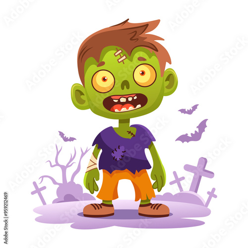 Fun and spooky vector illustration of cute zombie boy, perfect for Halloween themes, kids' designs