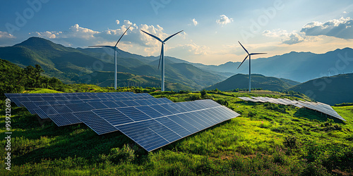 A large solar farm with three wind turbines on top of a hill