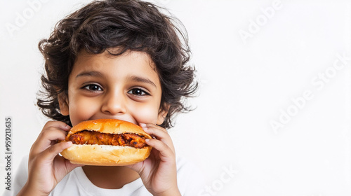 Happy boy eating vada pav isolated on white background