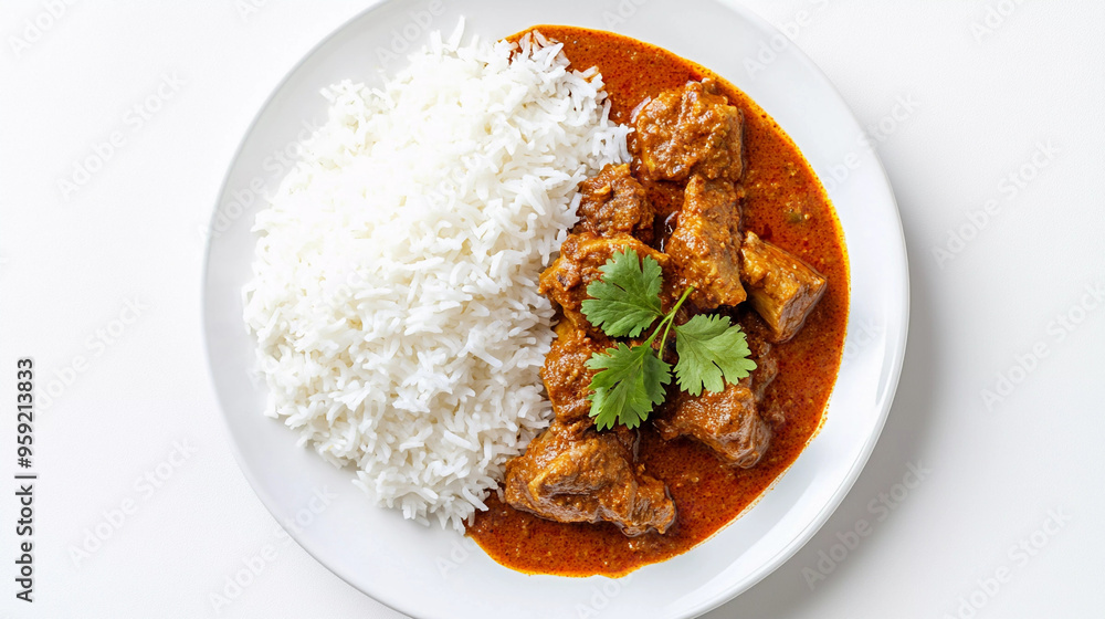 Mutton curry with rice in plate isolated on white background, mutton chawal Mutton curry with rice in plate isolated on white background, mutton chawal