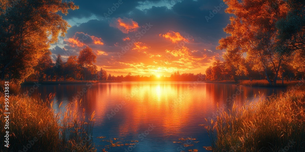 Golden Sunset Over a Calm Lake with Trees and Grass Golden Sunset Over a Calm Lake with Trees and Grass