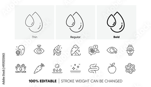 Stress protection, Hand sanitizer and Stress line icons. Pack of Hypoallergenic tested, Sun protection, Farsightedness icon. Coronavirus, Apple, Cardio training pictogram. Clean skin. Vector