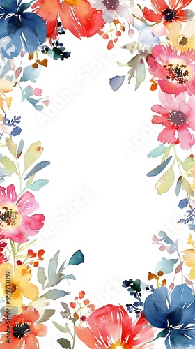 Watercolor floral painted pattern frame with empty space for design. Elegant flowers and leaves. AI generating