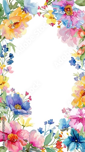 Watercolor floral painted pattern frame with empty space for design. Elegant flowers and leaves. AI generating
