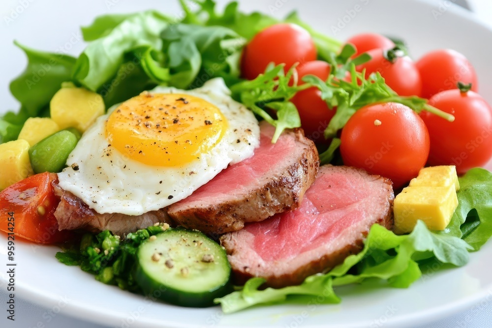 Delicious salad with seared steak, fried egg, and fresh vegetables Delicious salad with seared steak, fried egg, and fresh vegetables