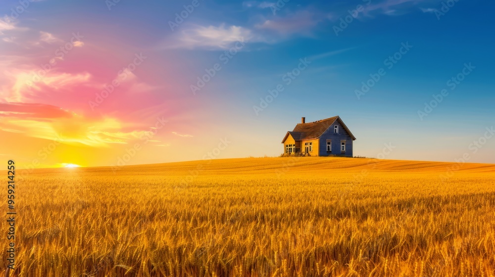 abandoned farmhouse in a golden field, bathed in the soft light of the setting sun, creating a nostalgic and serene atmosphere, with clear copy space for text abandoned farmhouse in a golden field, bathed in the soft light of the setting sun, creating a nostalgic and serene atmosphere, with clear copy space for text