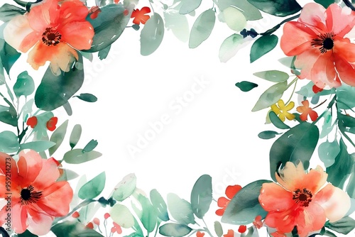 Watercolor floral painted pattern frame with empty space for design. Elegant flowers and leaves. AI generating