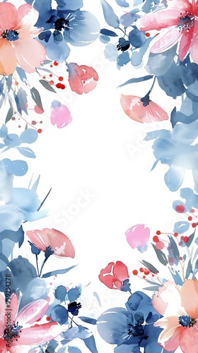 Watercolor floral painted pattern frame with empty space for design. Elegant flowers and leaves. AI generating