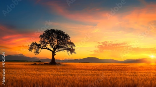 silhouette of a windblown tree in a golden field at sunset, with the sky filled with warm hues and the field softly glowing, with ample copy space for text