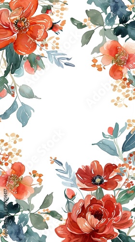 Watercolor floral painted pattern frame with empty space for design. Elegant flowers and leaves. AI generating