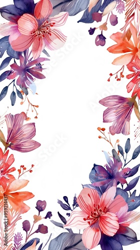 Watercolor floral painted pattern frame with empty space for design. Elegant flowers and leaves. AI generating