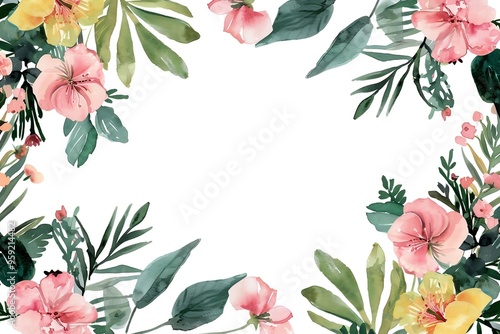 Watercolor floral painted pattern frame with empty space for design. Elegant flowers and leaves. AI generating