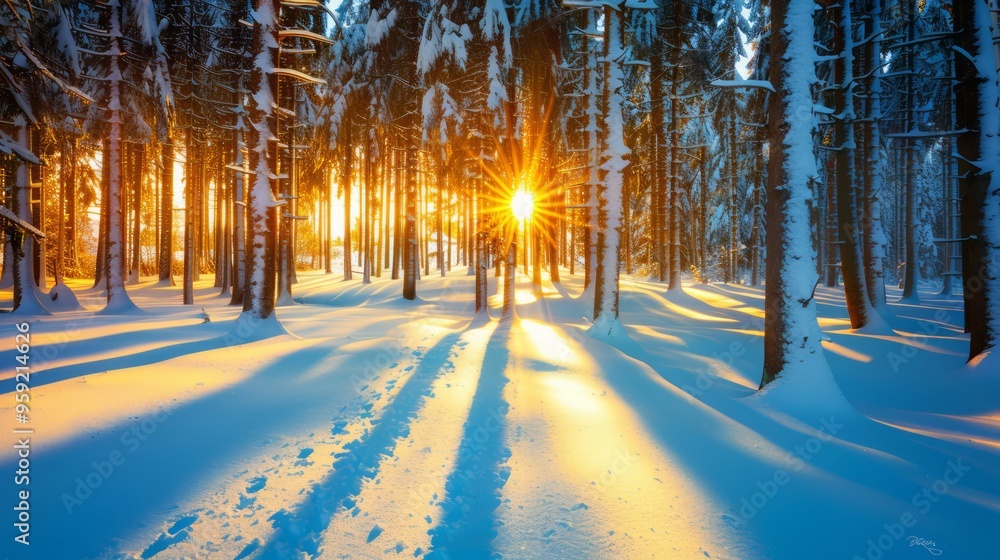 wintery forest bathed in golden hour light, with tall trees covered in snow and long shadows stretching across the ground, creating a magical scene, with ample copy space for text wintery forest bathed in golden hour light, with tall trees covered in snow and long shadows stretching across the ground, creating a magical scene, with ample copy space for text