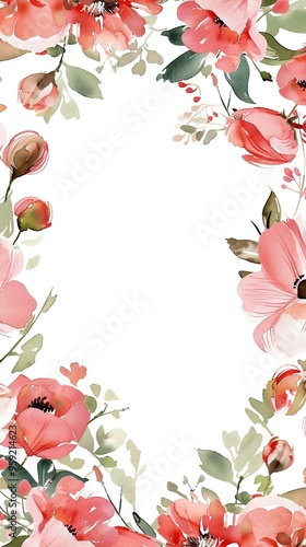 Watercolor floral painted pattern frame with empty space for design. Elegant flowers and leaves. AI generating