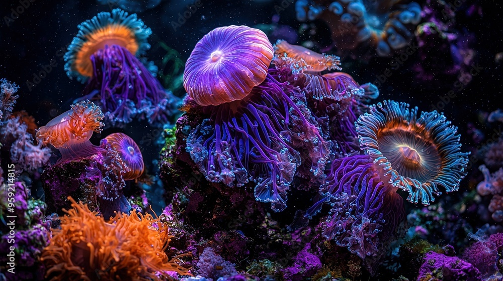 Obraz premium A group of purple and orange sea anemones on a dark blue coral reef with water bubbles in the background