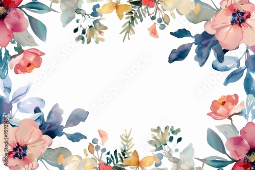 Watercolor floral painted pattern frame with empty space for design. Elegant flowers and leaves. AI generating