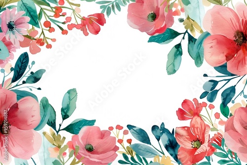 Watercolor floral painted pattern frame with empty space for design. Elegant flowers and leaves. AI generating