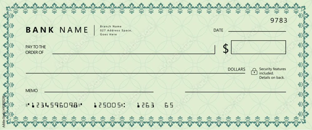 Bank check, vector blank money cheque, checkbook template with guilloche pattern and fields. Currency payment coupon, money check background