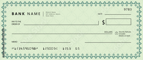 Bank check, vector blank money cheque, checkbook template with guilloche pattern and fields. Currency payment coupon, money check background