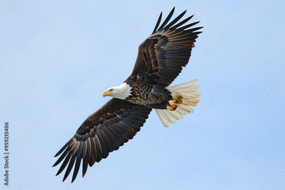 Naklejka premium Majestic bald eagle soaring against a clear blue sky AI