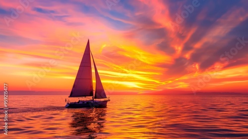 Fototapeta Naklejka Na Ścianę i Meble -  sunset over a tranquil coastal scene, with vibrant orange and pink hues reflecting off the calm sea, and a silhouette of a sailboat on the horizon, with ample copy space for text