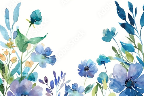 Watercolor floral painted pattern frame with empty space for design. Elegant flowers and leaves. AI generating