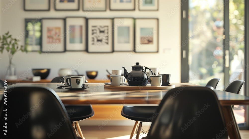 Fototapeta premium Modern Elegance in Dining Room with Wooden Table and Black Chairs