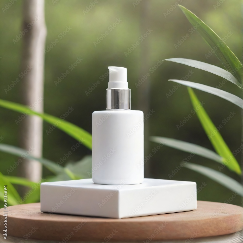Minimalist White Cosmetic Bottle on Nature Background mockup Minimalist White Cosmetic Bottle on Nature Background mockup