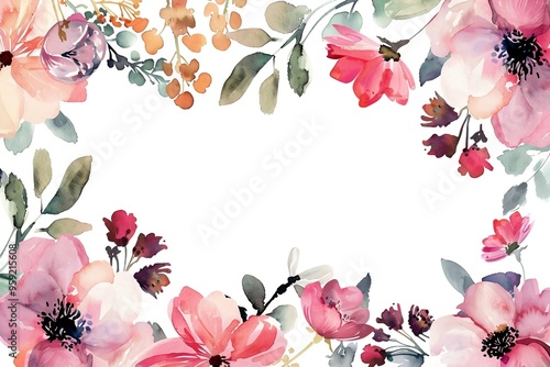 Watercolor floral painted pattern frame with empty space for design. Elegant flowers and leaves. AI generating