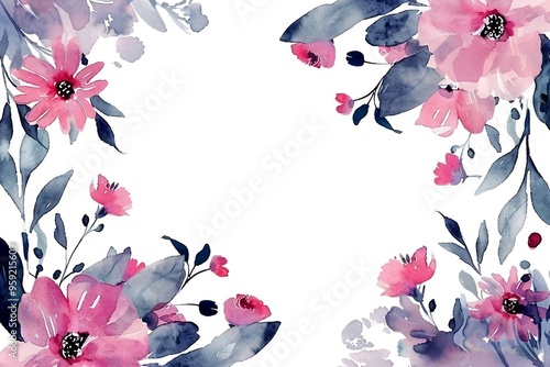 Watercolor floral painted pattern frame with empty space for design. Elegant flowers and leaves. AI generating