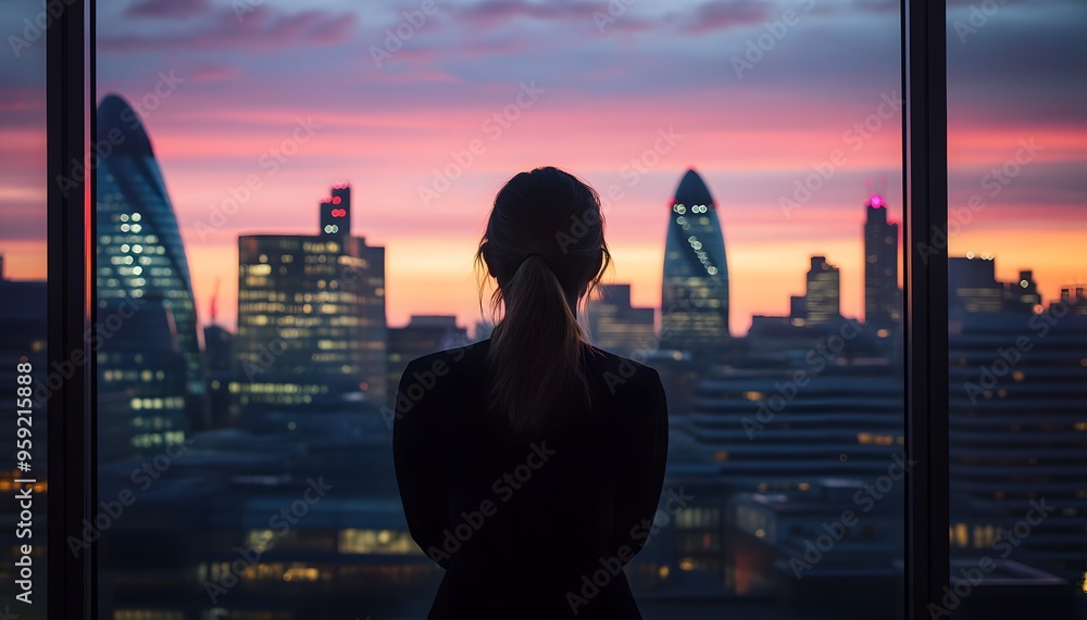 Woman Silhouetted Against a City Skyline at Sunset Woman Silhouetted Against a City Skyline at Sunset
