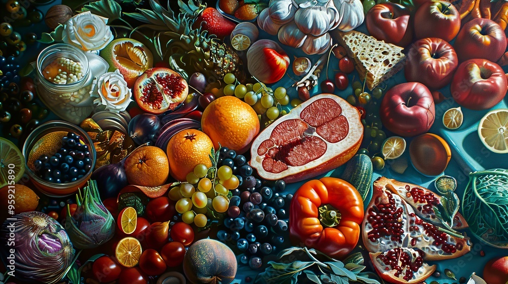A vibrant still life of fresh fruits, vegetables, and herbs on a blue background. A vibrant still life of fresh fruits, vegetables, and herbs on a blue background.