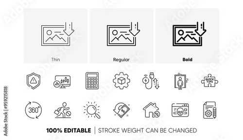 Quick tips, Calculator and 360 degrees line icons. Pack of Jobless, Download photo, Cashback icon. Cyber attack, Charging cable, Elevator pictogram. Candlestick chart, Loan house. Line icons. Vector