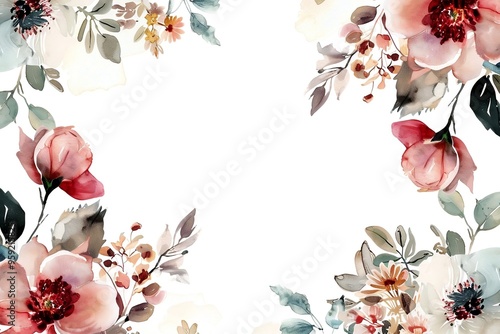 Watercolor floral painted pattern frame with empty space for design. Elegant flowers and leaves. AI generating