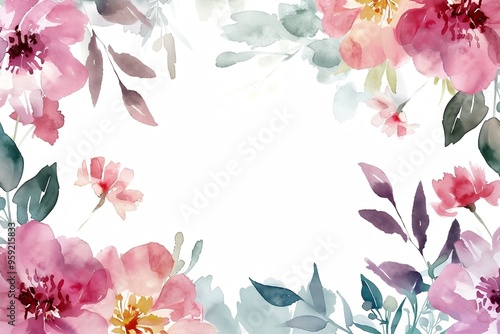Watercolor floral painted pattern frame with empty space for design. Elegant flowers and leaves. AI generating