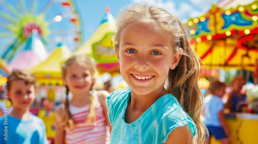 summer fair with carnival rides, cotton candy stands, and children playing games, capturing the fun and excitement of the season, with clear copy space for text summer fair with carnival rides, cotton candy stands, and children playing games, capturing the fun and excitement of the season, with clear copy space for text