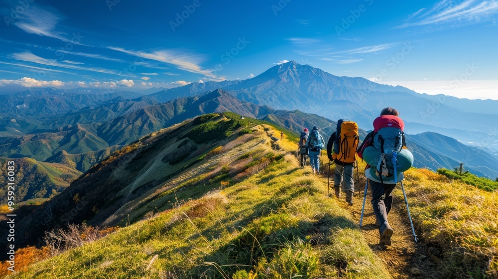 mountain trail with hikers trekking and enjoying panoramic views of the surrounding peaks, showcasing an adventurous summer outing, with plenty of copy space for text mountain trail with hikers trekking and enjoying panoramic views of the surrounding peaks, showcasing an adventurous summer outing, with plenty of copy space for text